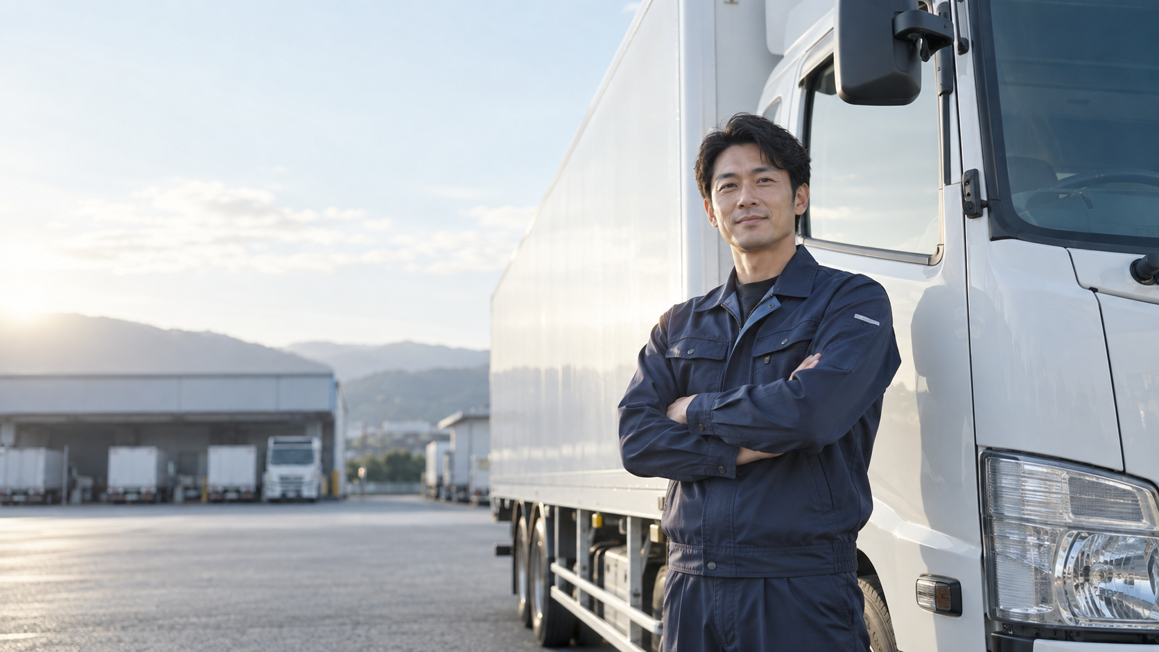 トラックの前に立つ男性従業員