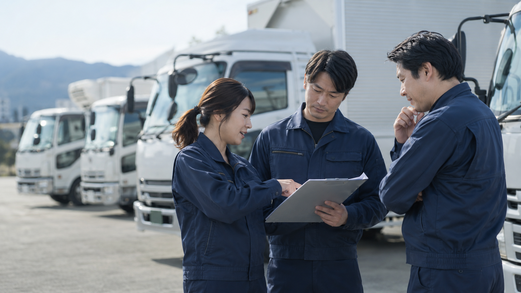 トラックの前で話し合う複数の従業員