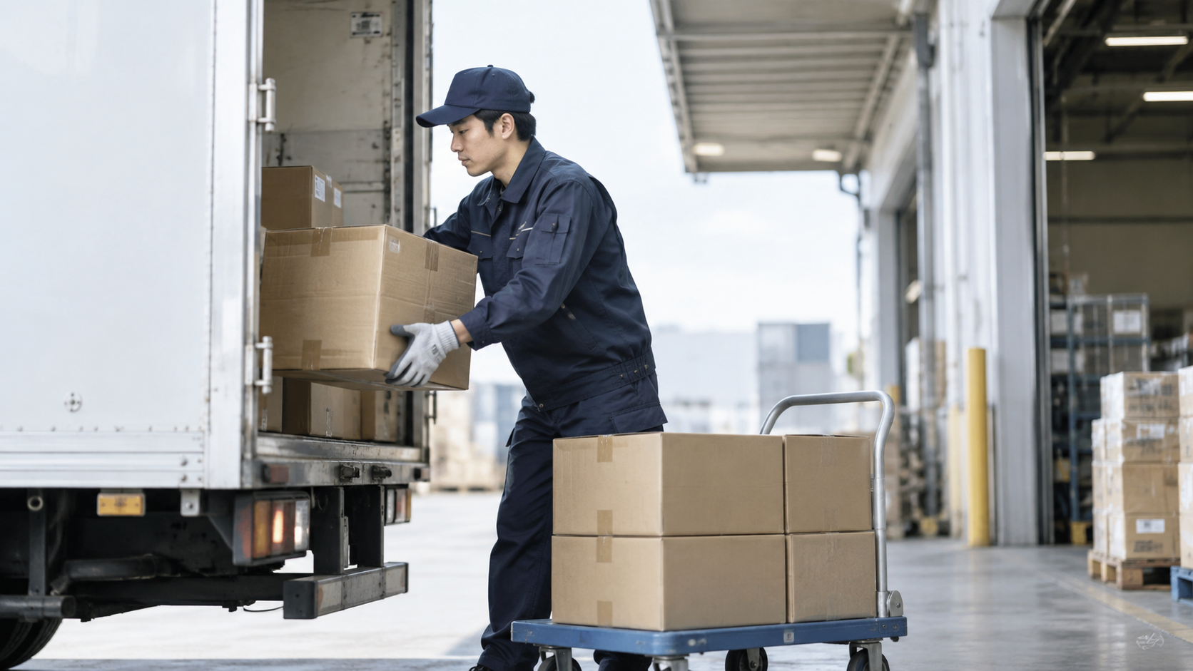 トラックから荷下ろしする男性作業員