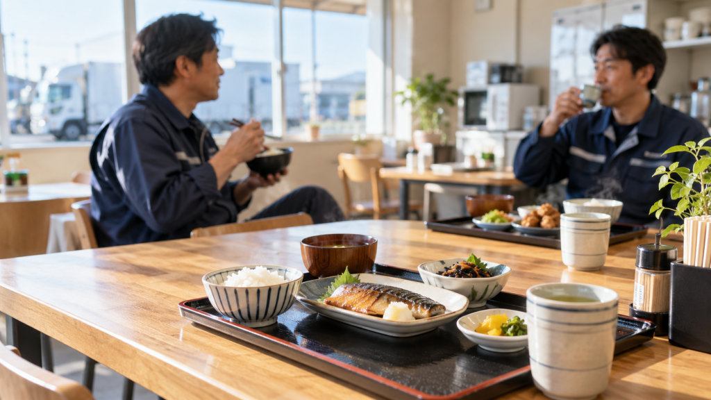 休憩ラウンジでの昼食
